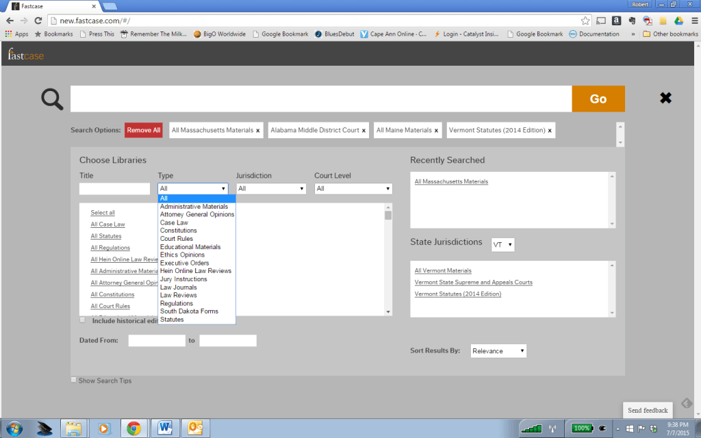 The advanced search page lets you search everything or mix and match types of materials, jurisdictions and courts.